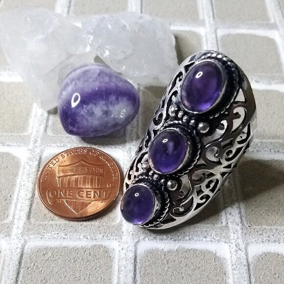 Genuine Amethyst Cabochon Shield Ring - Size 7.5 or 9! Trendy Boho Sexy Chic - Picture 5 of 12